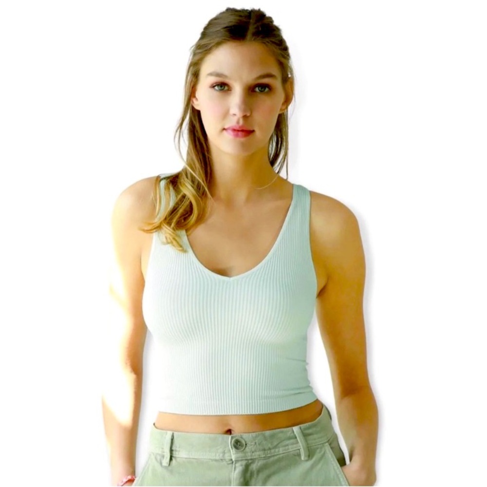 -Nikibiki Gray Green Ribbed Cropped Tank- One Size